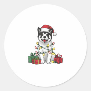Sticker Rond Akita Xmas Éclairage Santa Hat Akita Chien Noël