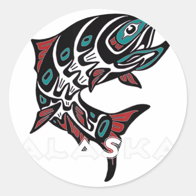 Sticker Rond Alaska Saumon Fishing Native American Indigenous T (Devant)