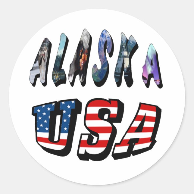 Sticker Rond Alaska USA American Flag Voyage photo Texte (Devant)