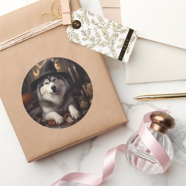 Sticker Rond Alaskan Malamute Citrouilles Halloween effrayant (Cadeaux)