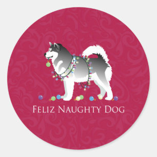 Sticker Rond Alaskan Malamute Feliz Naughty Chien Noël