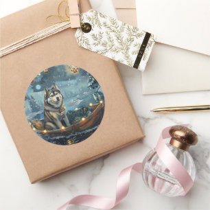 Sticker Rond Alaskan Malamute Noël Festive Voyage