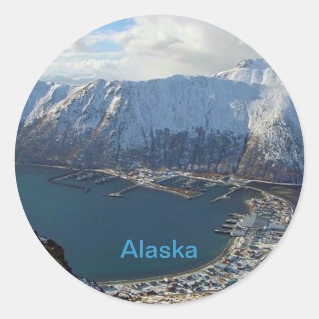 Sticker Rond Alaskan Mountain Range et ville en dessous (Devant)