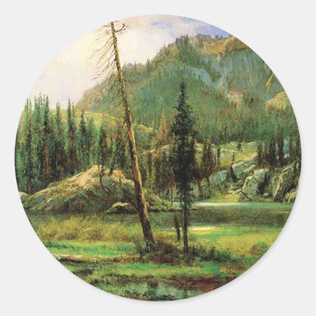 Sticker Rond Albert Bierstadt - Montagnes de Sierra Nevada, (Devant)