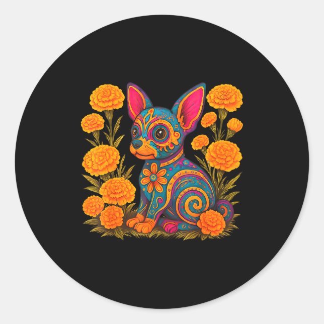 Sticker Rond Alebrije Dog Flower Mexican Folk Art Owner Mom Dad (Devant)
