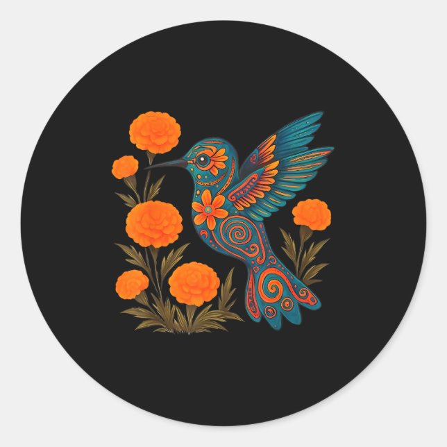 Sticker Rond Alebrije Hummingbird Flower Mexican Folk Art Bird  (Devant)