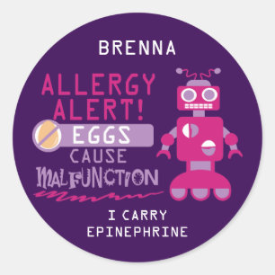 Sticker Rond Alerte d'allergie aux oeufs de Robot Rose violet p