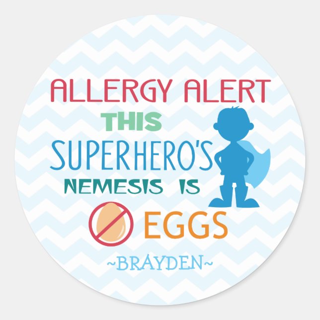 Sticker Rond Alerte d'allergie aux oeufs personnalisée Superher (Devant)
