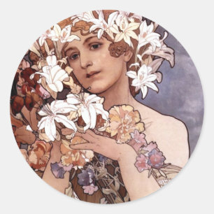 Sticker Rond Alfons Mucha : Fleur