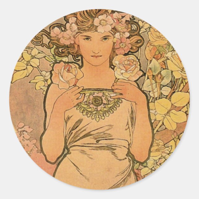 Sticker Rond Alfons Mucha ~ Le rose (Devant)