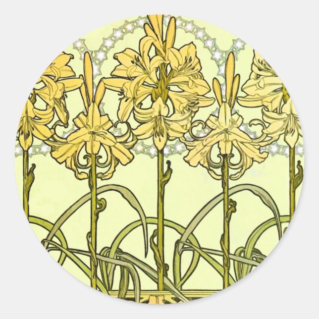Sticker Rond Alfonse Mucha Art Nouveau Lily motif floral (Devant)