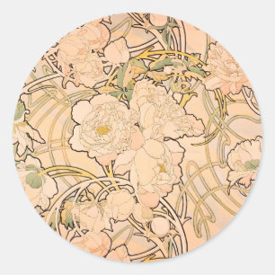 Sticker Rond Alfonse Mucha Art Nouveau Peonies