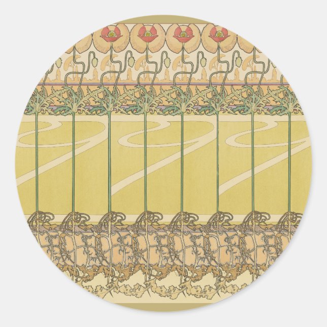 Sticker Rond Alfonse Mucha Poppies Art Nouveau Floral Wallpaper (Devant)