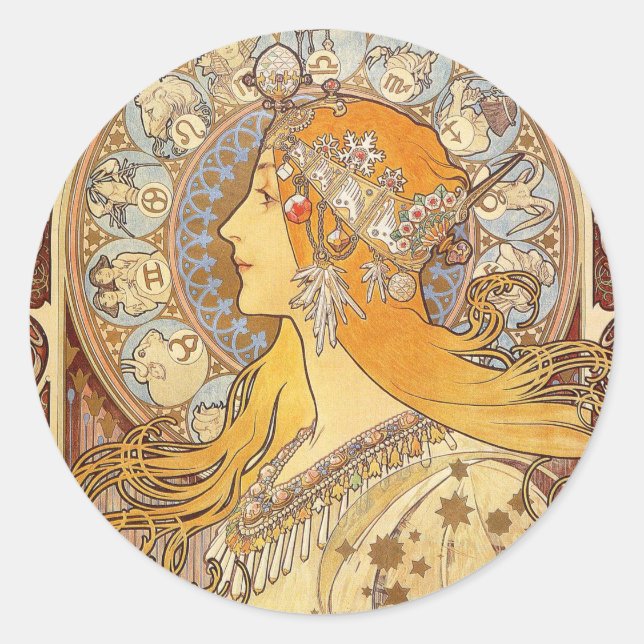 Sticker Rond Alfonse Mucha Zodiac Art nouveau femme (Devant)
