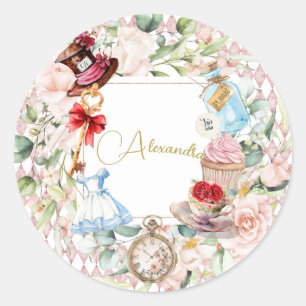 Sticker Rond Alice Au Pays Des Merveilles Aquarelle Florale Ros