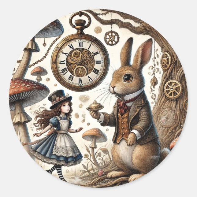 Sticker Rond Alice au pays des merveilles Thé Art lapin blanc (Devant)