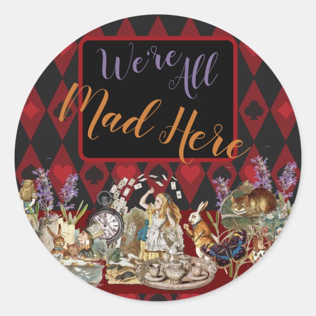 Sticker Rond Alice Aventures avec le Chat de Cheshire Fou de Wo (Devant)