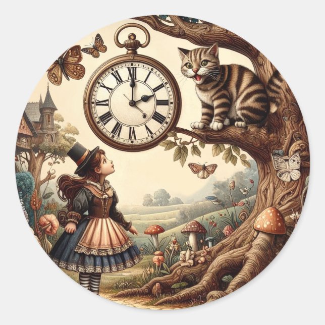 Sticker Rond Alice & Cheshire Cat: Whimsical Wonderland Fantasy (Devant)