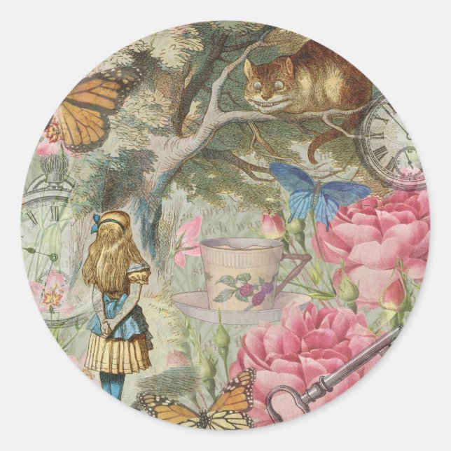 Sticker Rond Alice Cheshire Chat Wonderland Tree Garden (Devant)