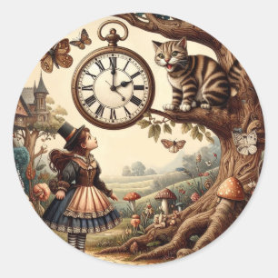 Sticker Rond Alice et Chat du Cheshire : Fantaisie merveilleuse