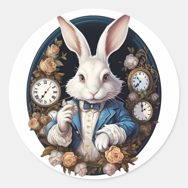 Sticker Rond Alice lapin blanc dans Wonderland Montres et rose (Devant)