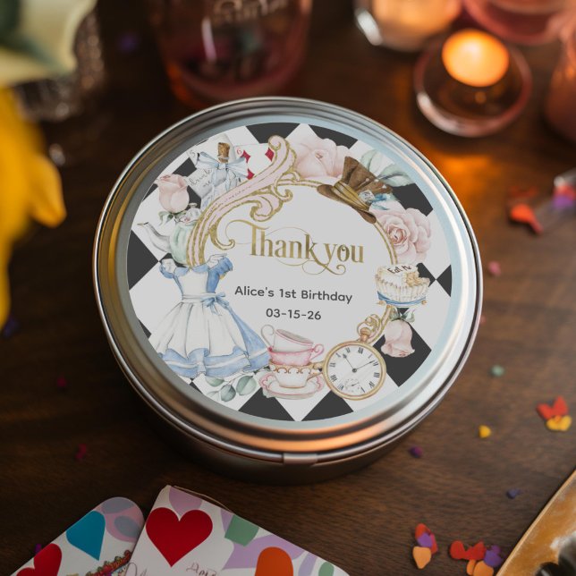 Sticker Rond Alice Onederland, 1er anniversaire merci (Girl 1st birthday onederland, thank you sticker)