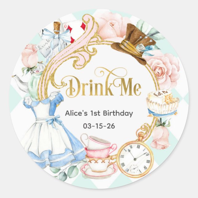 Sticker Rond Alice Onederland, Drink Me, fille 1er anniversaire (Devant)