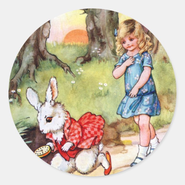 Sticker Rond Alice suit le lapin blanc au pays des merveilles (Devant)