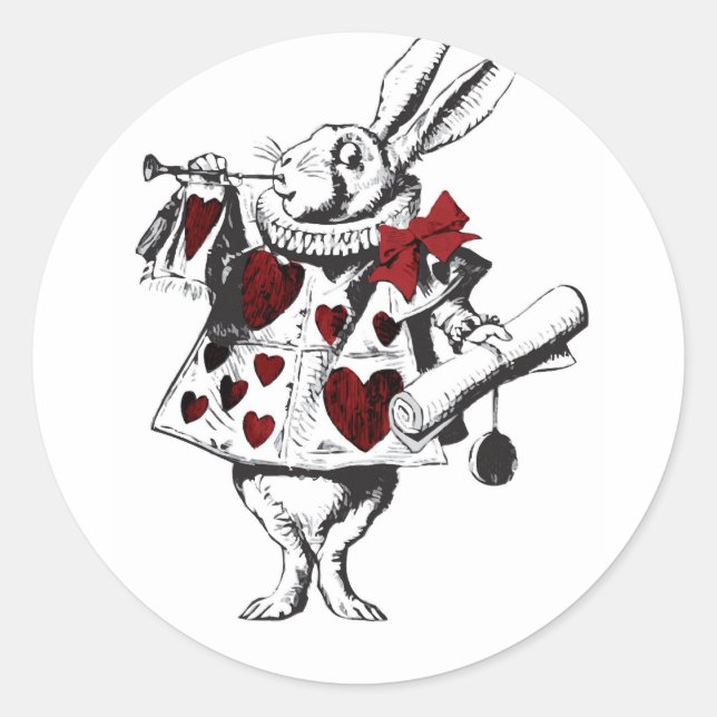 Sticker Rond Alice White Rabbit Red w Horn Coeurs rouges (Devant)