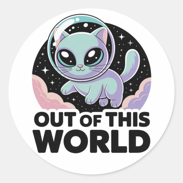 Sticker Rond “Alien Cat Invasion – Quirky Cosmic Kitty for Cat  (Devant)