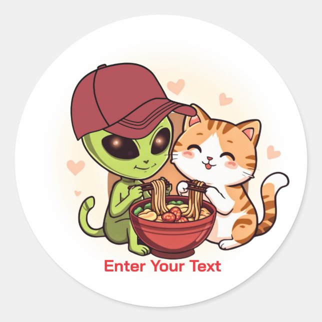 Sticker Rond Alien & Chat Partageant Ramen Kawaii Art (Devant)