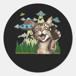 Sticker Rond Alien Chat Selfie Drôle Vintage Ufo Science Sci-Fi