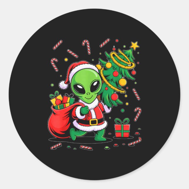 Sticker Rond Alien Christmas Tree Lights Xmas Funny Alien  (Devant)