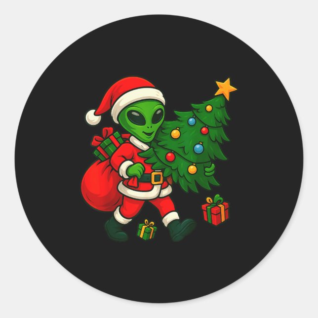 Sticker Rond Alien Christmas Tree Xmas Lights Funny Holiday Men (Devant)