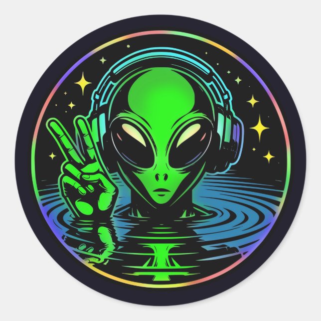 Sticker Rond Alien dans les casques donnant un signe de paix (Devant)