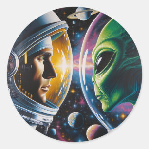 Sticker Rond Alien et astronaute dans l'espace