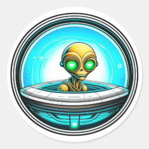 Sticker Rond Alien extra-terrestre volant dans un OVNI