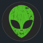 Sticker Rond alien green head ufo science fiction extraterrestr<br><div class="desc">alien green head ufo science fiction extraterrestrial grunge smile face</div>
