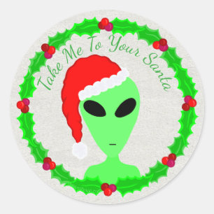 Sticker Rond Alien Père Noël Holly Wreath Little Green Man