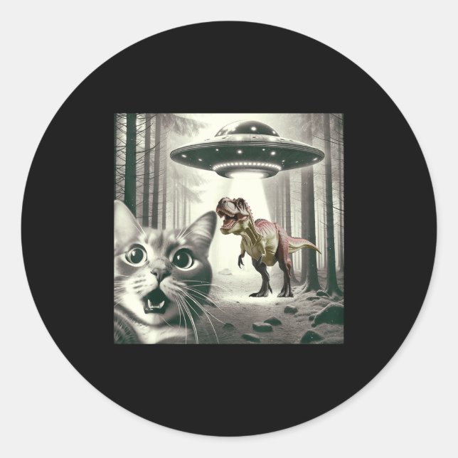 Sticker Rond Alien T UFO Selfie Dinosaur Rex Cat (Devant)