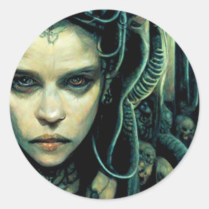 Sticker Rond Alien Tech Girl Science Fiction