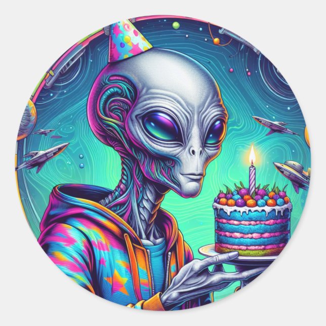 Sticker Rond Alien tenant Birthday Cake (Devant)