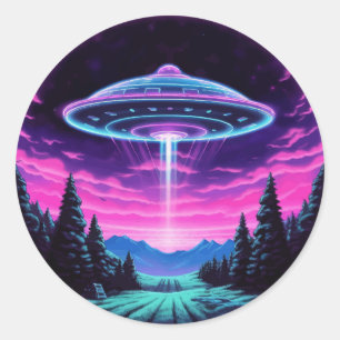 Sticker Rond Alien vaisseau spatial rétro futuriste