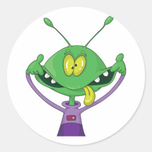 Sticker Rond Alien vert drôle faisant une grimace idiote