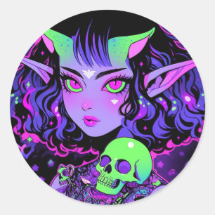 Sticker Rond Alien vert et violet Elf Anime Girl