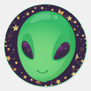 Sticker Rond Alien Vert Très Sympa Sur Les Étoiles D'Or Amusant
