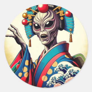 Sticker Rond Alien wearing a Japanese kimono　シール