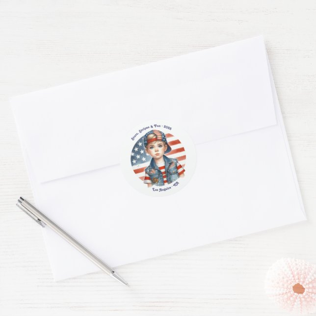 Sticker Rond "All American Boy" Stars & Stripes Anniversaire (Enveloppe)