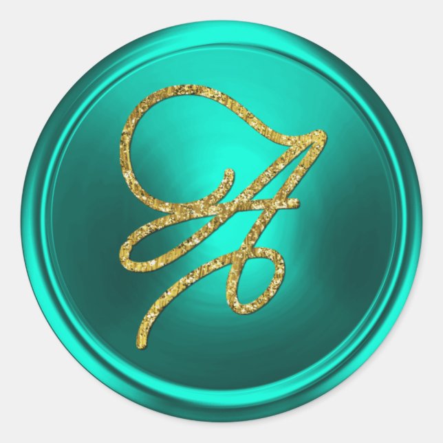 Sticker Rond ALL INITIALS Gold Script Monogram Turquoise (Devant)
