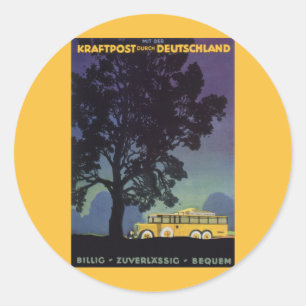 Sticker Rond Allemagne vintage, bus jaune la nuit, art de voyag